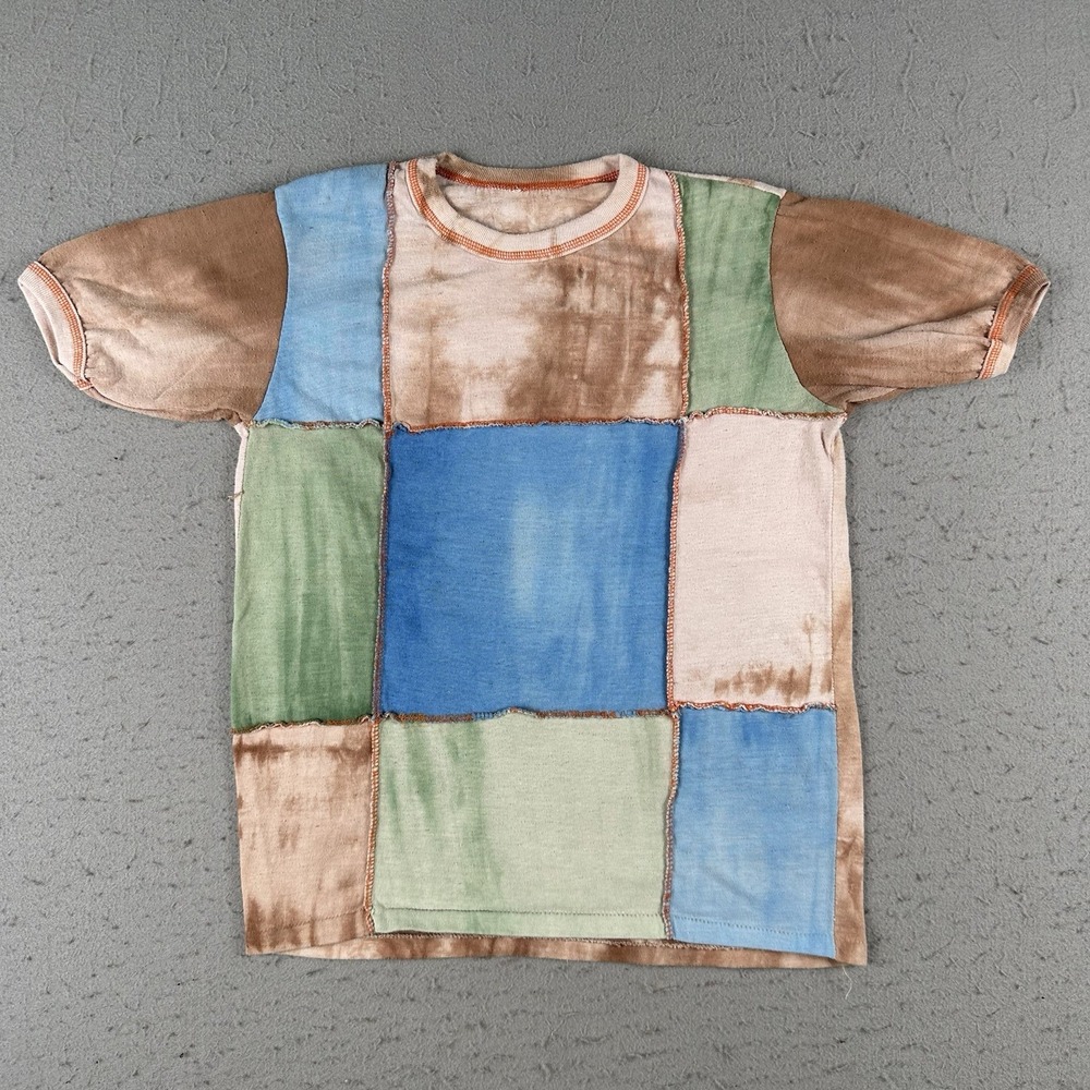 Vintage 70s Buccaneer Panel Knit T Shirt Women's XS‎ Blue Green Tie Dye Hippie